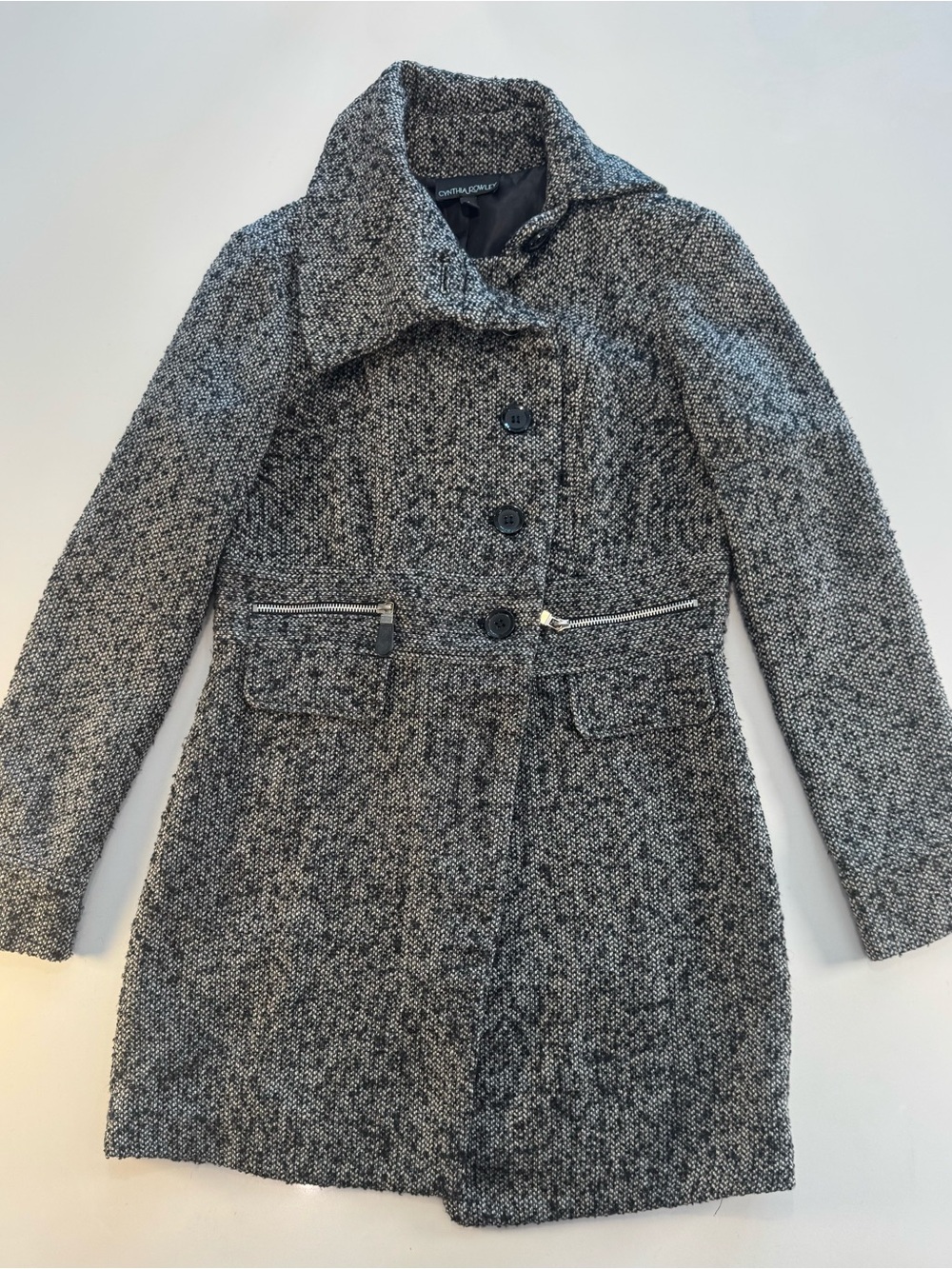 Cynthia Rowley Black & White Tweed Pea Coat with Zip Accents - Picture 4 of 8